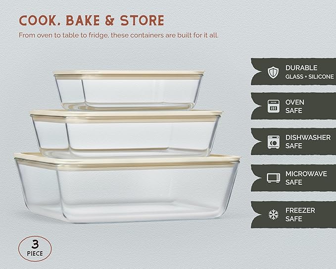 Glass Storage Container Set, Borosilicate Glass, Tempered Glass Lids, Baking Pan, Airtight with Vents, Microwave, Oven & Dishwasher Safe, (Rectangular - Set Of 3)