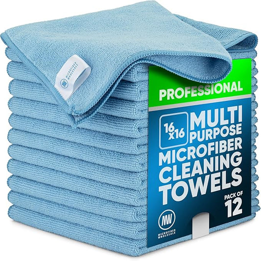 MW Pro Multi-Surface Microfiber Towel – 12 Pack | Premium Cleaning Cloth | Clean, Buff, Dust, Polish, Absorb | Large 16"x16" (Blue)