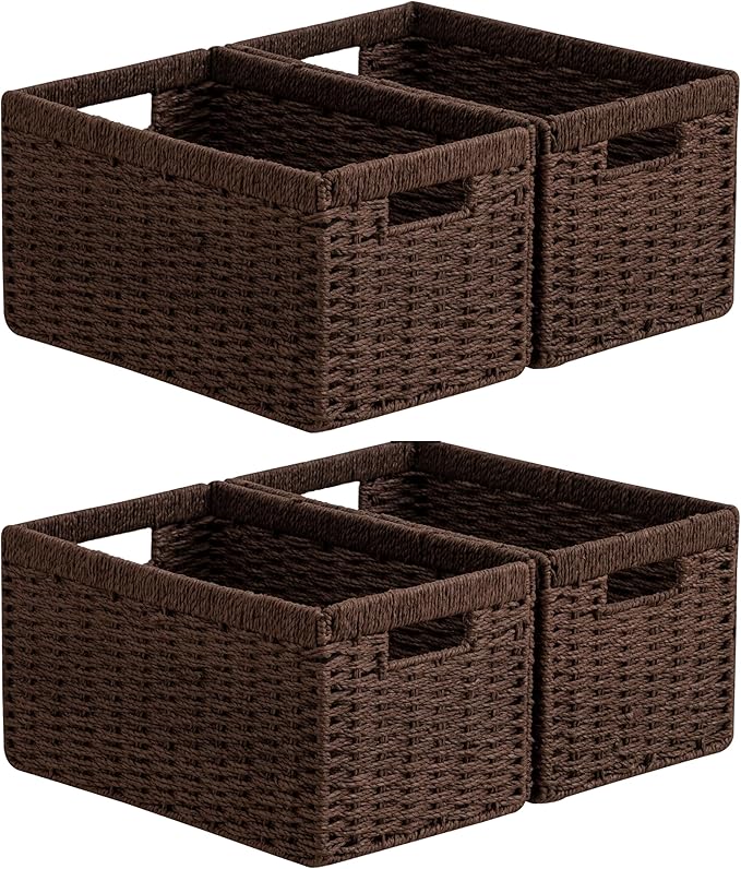 joybest Wicker Storage Baskets, Set of 4 Hand-Woven Paper Rope Dark Brown Baskets for Organizing, Foldable Rectangular Storage Organizer Bins for Shelves with Handles 13.4L x 8.3W x 7.1H