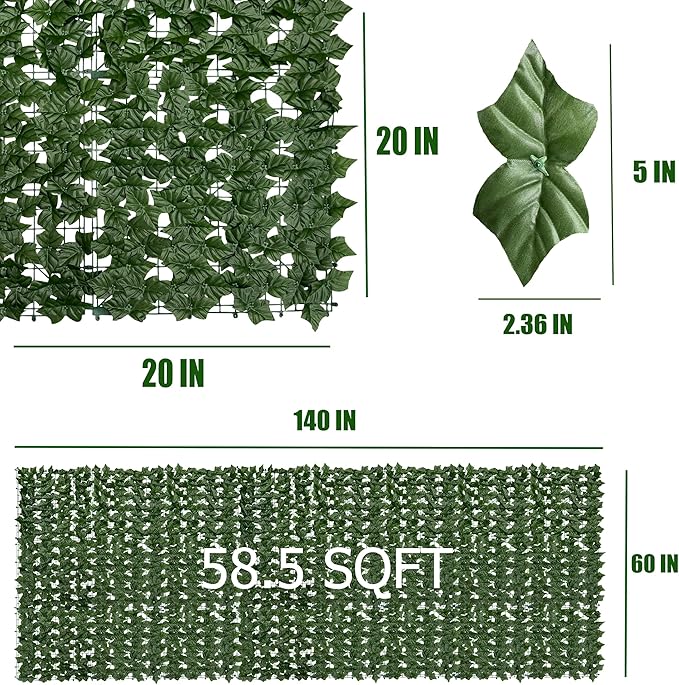 Artificial Ivy Privacy Fence Screen:140" by 60" (58.5 SQFT) UV-Anti Faux Hedge Fence and Fake Ivy Vine Leaf Wall Panels for Indoor&Outdoor Green Backdrop, Garden Greenery Decor