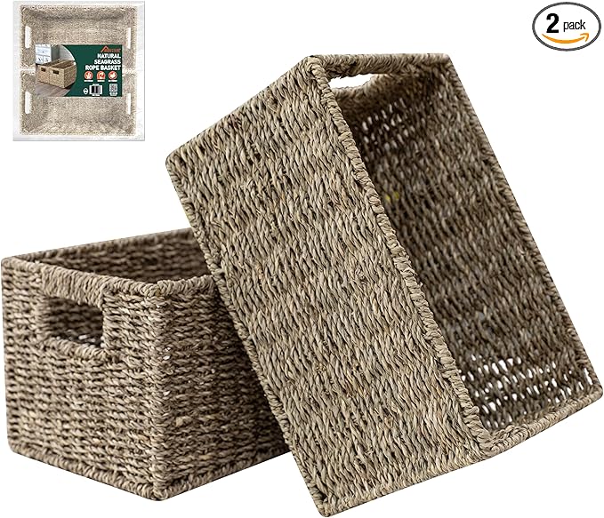 2-Pack Handwoven Seagrass Storage Baskets with Handles, Wicker Bins for Pantry Organization, Shelf or Closet Organizer, Decorative Boho Rectangular Basket 13.5" x 8"