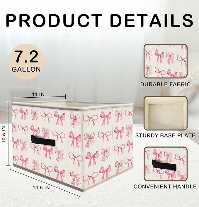 Nogrit Coquette Pink Bow Storage Bins Box, Toybox for Girls, Preppy Pink Foldable Baskets Organizer Container with Handles for Girls Bedroom Dorm Bathroom Clothes Toys Books