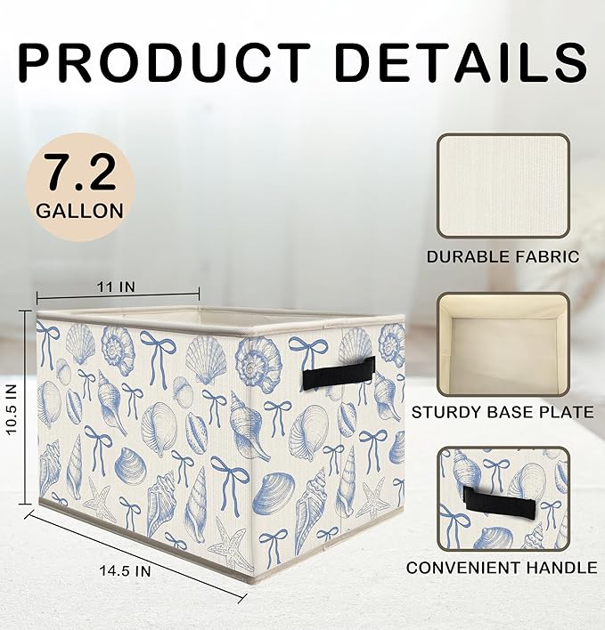 Nogrit Coquette Blue Bow Beach Storage Bins Box, Toybox for Girls, Preppy Coastal Seashell Foldable Baskets Organizer Container with Handles for Girls Bedroom Dorm Bathroom Clothes Toys Books