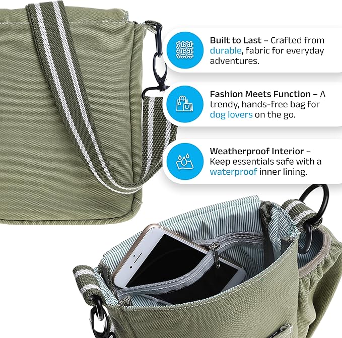 DOOG Walkie Bag - Adjustable Dog Treat Pouch Shoulder Bag with Poo Bag & Water Bottle Compartments - Comfort Fit for Everyday Use - Green