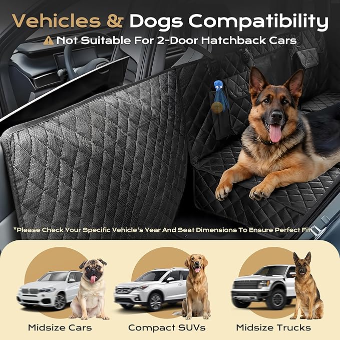 Dog Car Seat Cover for Back Seat, Scratch & Tear Resistant Hard Bottom Dog Hammock & Extender with 450LBS Support - Waterproof, Non-Slip, Full Seat & Door Protection for SUV, Truck, Sedan