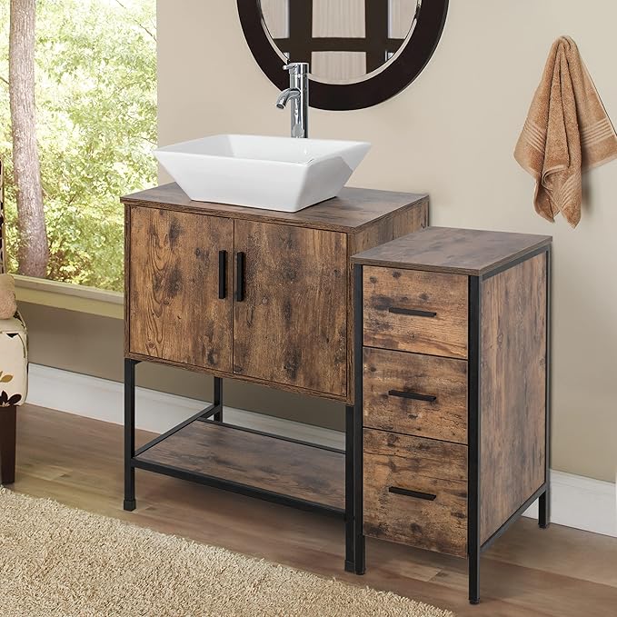 eclife 36" Bathroom Vanity Sink Combo Modern Metal Stand Cabinet W/Bottom Shelf & Storage Side Cabinet White Square Vessel Sink & Water Save Faucet & Pop Up Drain, Rustic Brown (A07)