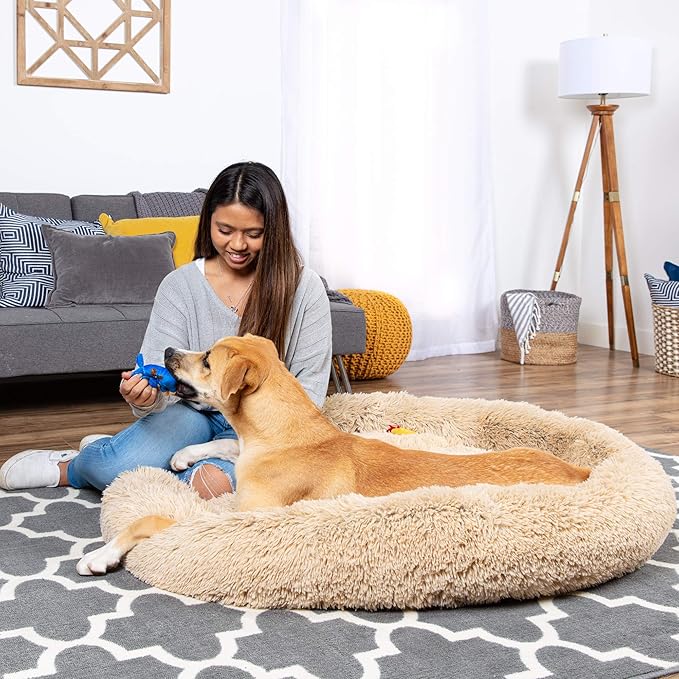 Best Choice Products 45in Dog Bed Self-Warming Plush Shag Fur Donut Calming Pet Bed Cuddler w/Water-Resistant Lining, Raised Rim - Brown