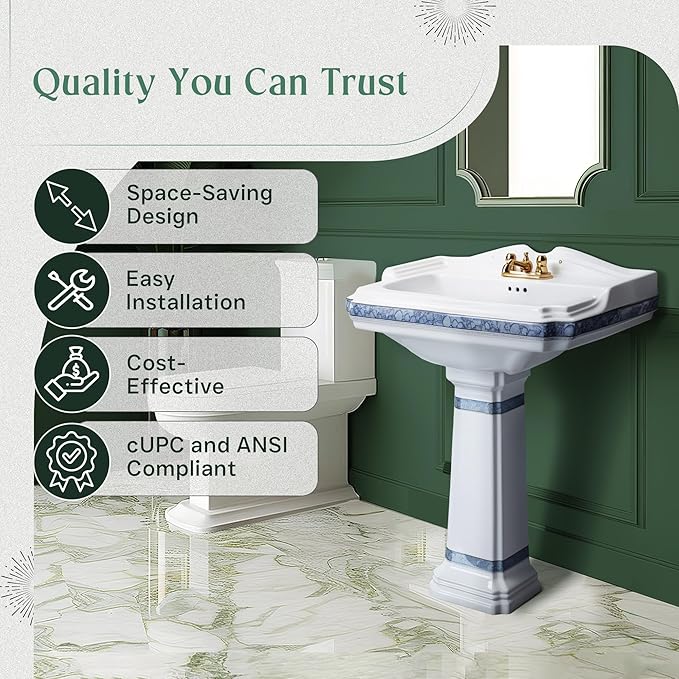 Renovators Supply Manufacturing 23" White Pedestal Bathroom Sink Heavy Duty Porcelain, Blue and Gold Decorative Accents, 4" Centerset Faucet Holes, High Backsplash and Overflow
