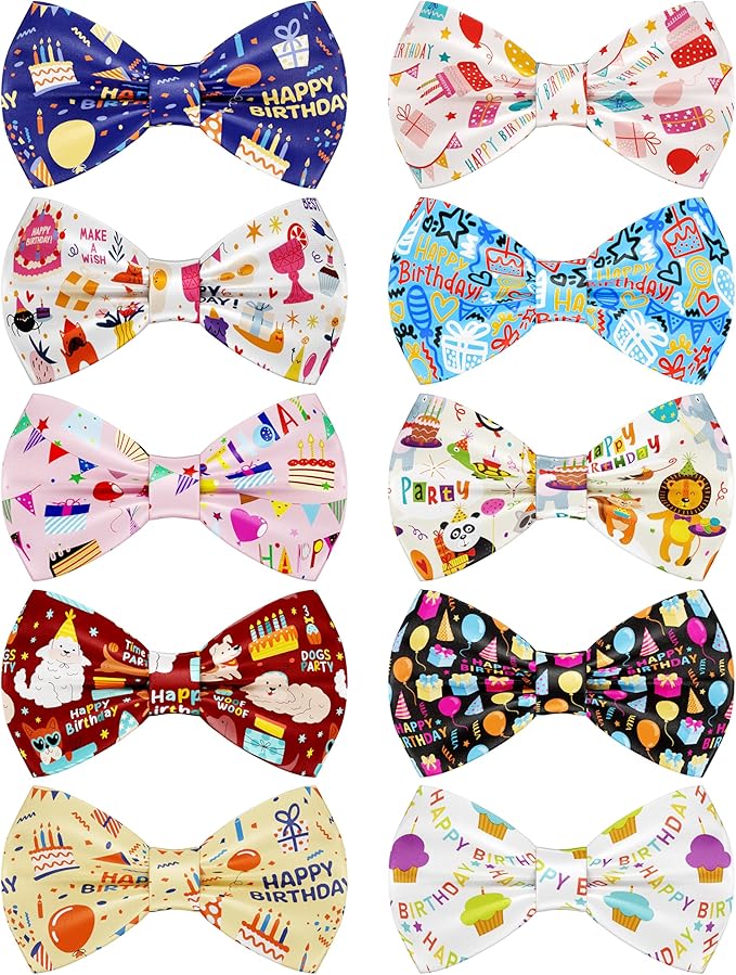 PET SHOW 10 Pack Happy Birthday Small Dog Bow Ties Sliding Collar Attachment Puppies Cats Pet Bowties for Party Balloon Cake Bowknots Collar Charms Grooming Accessories
