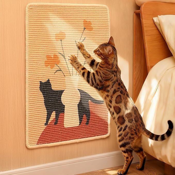 FUKUMARU Sisal Cat Scratching Mat, 23.6 x 15.7 Inch Natural Sisal Cat Scratch Pad Mats for Indoor Cats, Horizontal Cats Wall Scratcher Kitten Floor Rug with Sticky Tapes, Furniture Protector(Flower)