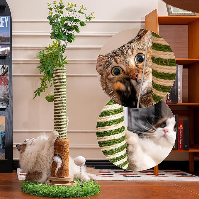 Cat Scratching Post 39'' Tall with Interactive Ball & Mouse Hole for Indoor Adult Cats, Sisal Rope Cat Tree Tower, Kitty Scratcher Furniture with Artificial Grass Tree for Kittens Cat Toys