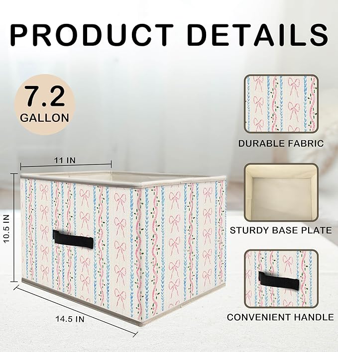 Nogrit Preppy Pink and Blue Storage Bins Box, Toybox for Girls, Coquette Pink Bow Blue Striped Foldable Baskets Organizer Container with Handles for Girls Bedroom Dorm Bathroom Clothes Toys Books