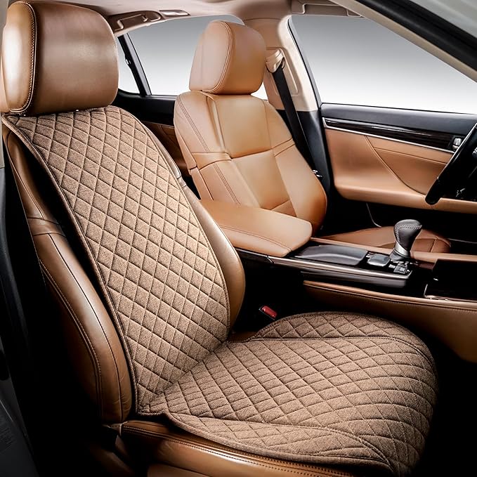 IVICY Faux Linen Car Seat Cover for Cars - Durable & Non-Slip - Front Car Seat Protector Covers for Most Automotive, Vans, SUVs, Trucks - 1 Unit – Light Brown
