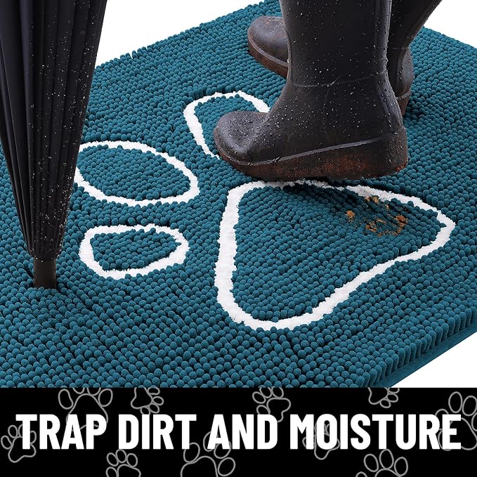 Smiry Dog Door Mat for Muddy Paws, Absorbent Dirt Trapper Non Slip Quick Dry Washable Chenille Mat for Mud Dogs, Entry Rug for Indoor and Outdoor (47x24 Inches, Atlantic Blue and White)