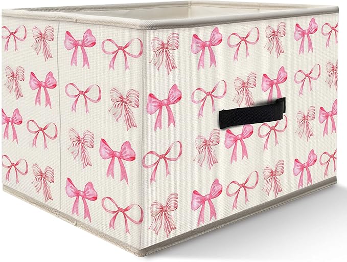 Nogrit Coquette Pink Bow Storage Bins Box, Toybox for Girls, Preppy Pink Foldable Baskets Organizer Container with Handles for Girls Bedroom Dorm Bathroom Clothes Toys Books