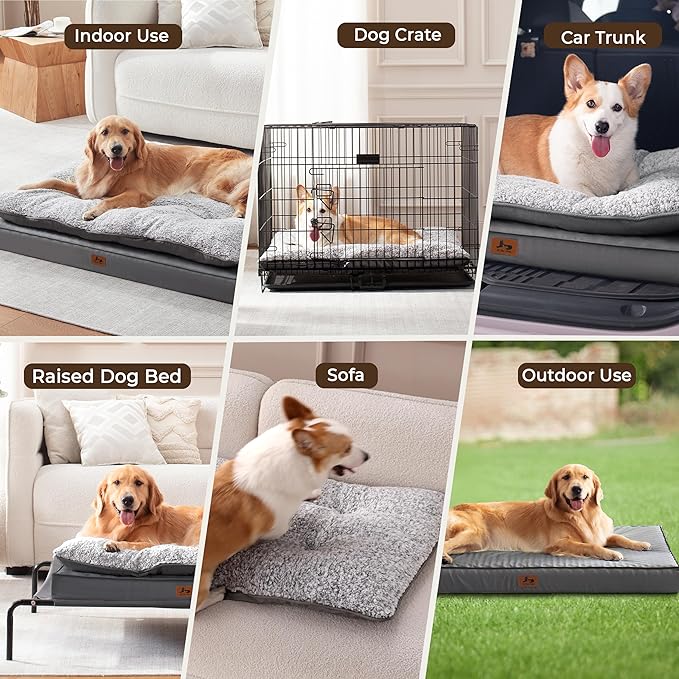 Washable Dog Bed for Medium Large Size Dog, Plush Pillow Pet Bed with Leather Egg-Crate Foam Base, Waterproof Kennel Bed with Removable Cover, 47" x 39" Comfort Cushion Bed, Dark Grey