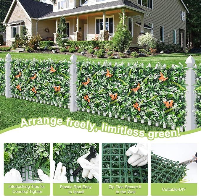 20"X20" Artificial Boxwood Panels, 8PCS Grass Wall Hedge Panels UV-Protected Greenery Privacy Hedge Screen, Grass Backdrop Wall for Indoor Outdoor Patio Balcony, Party Garden Fence Decor