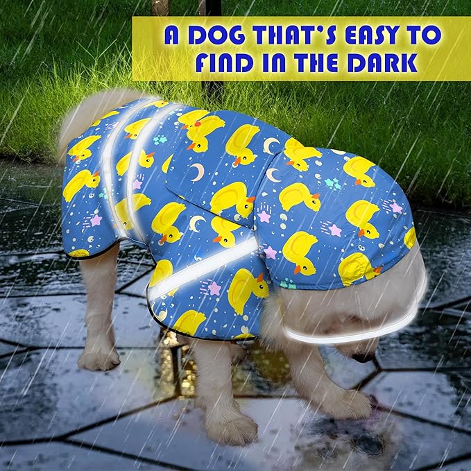 Dog Raincoat, Adjustable Rain Jacket with Hooded Double Layer for Large Medium Small Dogs Puppies, Lightweight Waterproof Rain Coat Poncho with Reflective Stripe Duck Blue,M