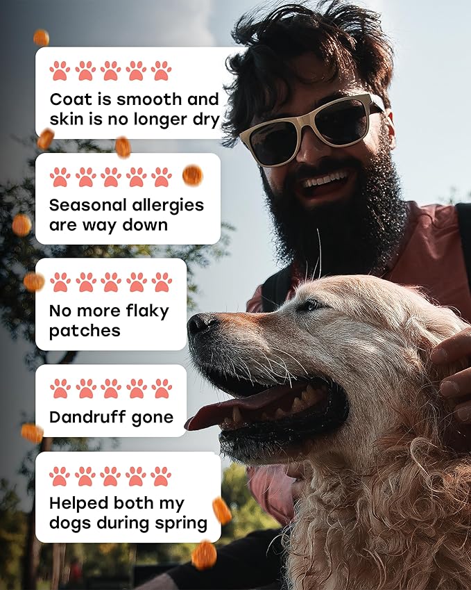 Omega 3 & 6 Dog Skin & Coat Chews – Wild Salmon Oil, Biotin, Zinc & Vitamin E – Supports Dry Itchy Skin, Shedding & Healthy Coat – PhD-Endorsed, Made in USA, 140 Chews, Salmon Flavor