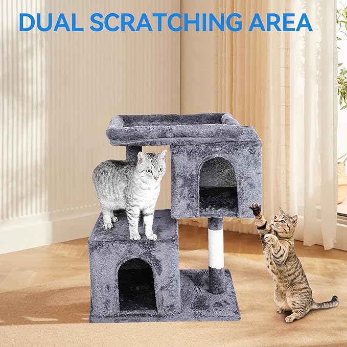 FluffyDream 33.5in Small Cat Tree Tower for Indoor Adult Cats, 2 Cozy Plush Condos, Oversized Perch & Sisal Scratching Posts,Grey