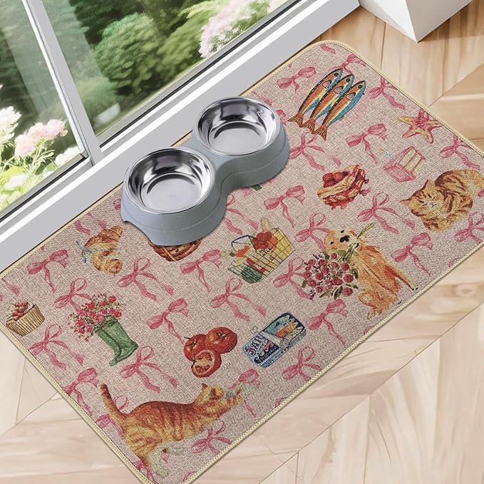 SHIYUE Dog Food Mats for Floors, Absorbent Cat Bowl for Food and Water, Non-Slip Accessories Pet Supplies(16"x24",Pink Bow Food)