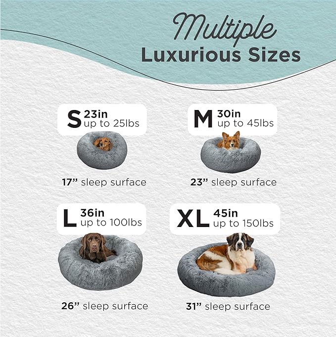 Best Friends by Sheri Original Calming Donut Dog and Cat Bed, Shag Faux Fur, Gray, (23in x 23in) - Anxiety Relief for Pets Up to 25 lbs