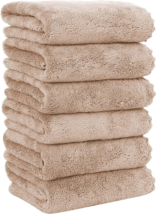 MOONQUEEN 6 Pack Premium Hand Towels - Quick Drying - Microfiber Coral Velvet Highly Absorbent Towels - Multipurpose Use as Hotel, Bathroom, Shower, Spa, Hand Towel 16 x 28 inches (Brown)