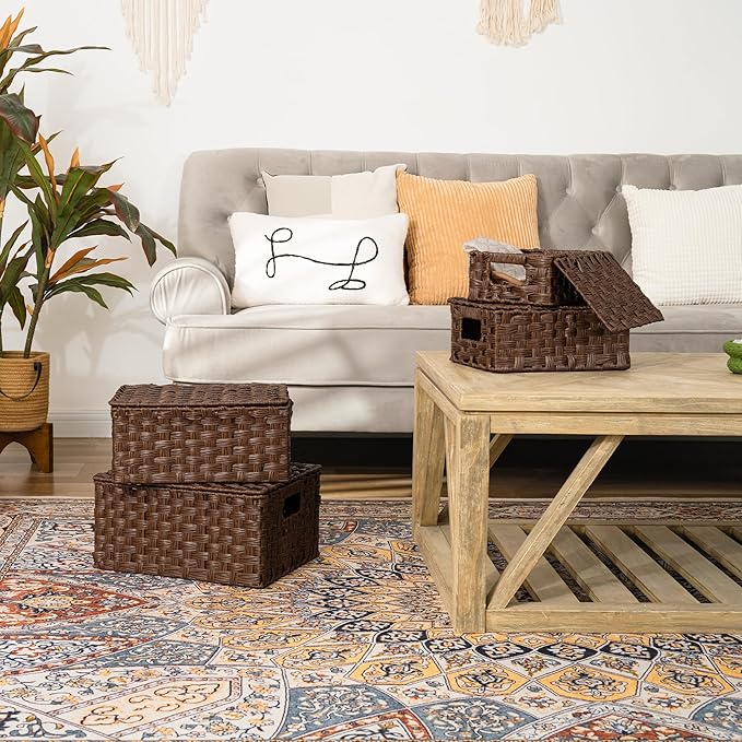 GRANNY SAYS Wicker Baskets with Lids, Set of 4 Brown Basket, Decorative Storage Boxes, Woven Basket for Organizing, Storage and Organizer Baskets