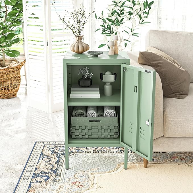 Single Door Lockable Metal End Table, 2-Tier Storage Cabinet with Adjustable Shelf, Easy Assembly Side Table for Living Room Bedroom Home Office, Green 28" H x 13.8" W x 15" D