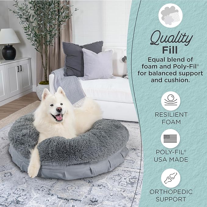 Best Friends by Sheri Ultra Calming Pouf Bed, Orthopedic Round Dog Bed for Joint Support, Faux Fur, Washable Cover, Tan, Large, 36"x36"