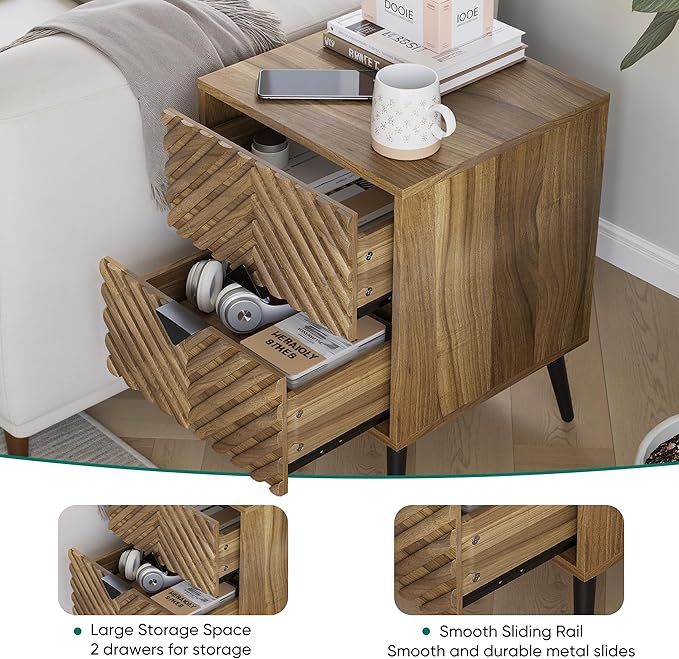 Smuxee Walnut Wooden Nightstand with 2 Drawers, Mid Century Night Stand with Fluted Diamond Doors, Bedside Table with Metal Feet, Modern End Side Table for Bedroom