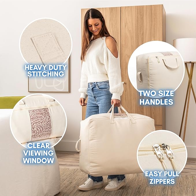 Soft Canvas Storage Bags with Zipper. Thick Breathable, 2pc King/Queen Comforter Organizer. Four Carrying Handles and Window. Large 25x19x9in Bag for Sheets Blankets Bedding Pillows, Clothes (Grey)