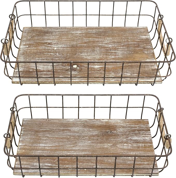 Stonebriar Stackable 2pc Rectangle Metal Wire and Wood Basket Set with Rope Wrapped Handles, Rustic Decor for Home Storage, Decorative Serving Baskets for Weddings, Birthdays, and Holiday Parties