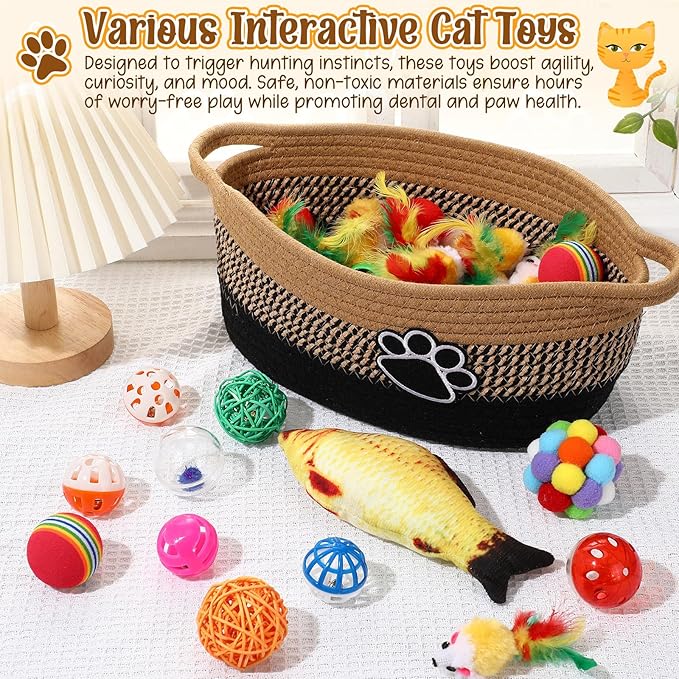 Sosation 70 Pcs Cat Easter Storage Basket Gift Toys Set Colorful Indoor Kitten Toy Assortment Including Mice, Rainbow Balls, Crinkle Balls, Springs Instinct Basket for Cats Interactive Play(Simple)