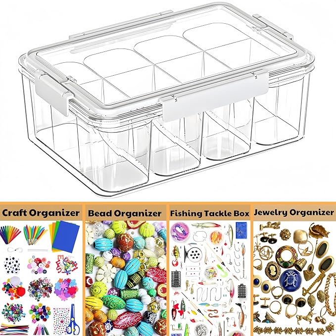 (2026 New) Craft Organizers And Storage With 12 Compartment,Acrylic Organizer Containers With Lids,Clear Bead Organizers And Storage With Handle,Airtight Sewing Box.4 Removable Inner Box. (Clear)