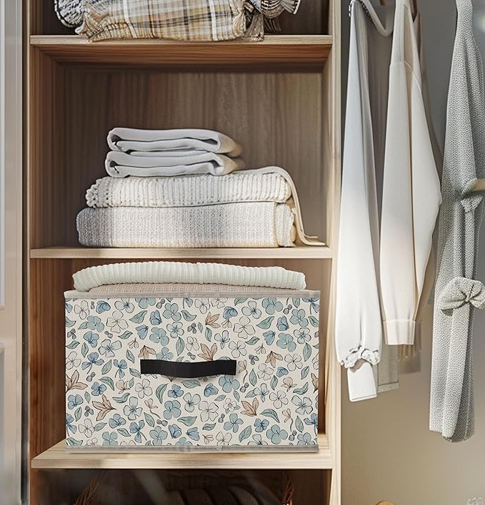 Nogrit Watercolor Floral Storage Bins Box, Toybox for Girls, Blue and White Flower Foldable Baskets Organizer Container with Handles for Girls Bedroom Dorm Bathroom Clothes Toys Books