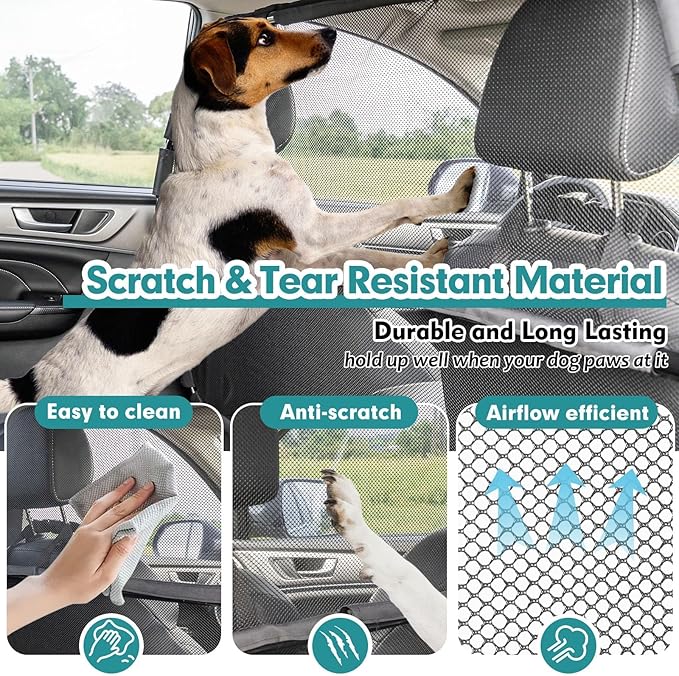 Dog Car Barrier Escape-Proof, 50" Wide Car Divider for 2nd 3rd Row Seats & Cargo Area, Durable Back Seat Car Gate Trunk Barrier with See Through Net Mesh for Small Trucks & SUV & Mid-Sized Vehicle