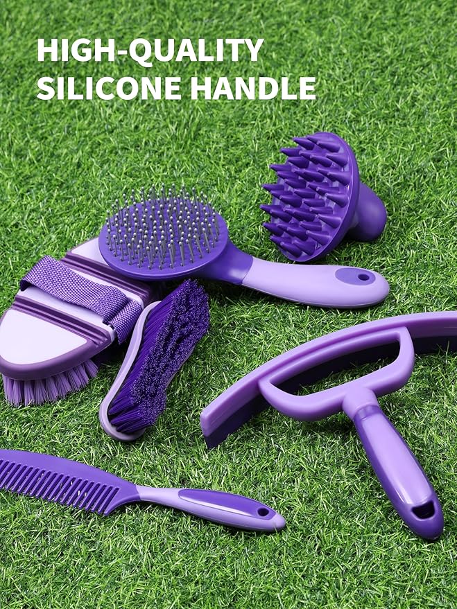 Harrison Howard Horse Grooming Kit, 9-Piece Set with Non-Slip Silicone Grip for Bathing, Shedding & Hoof Care Purple