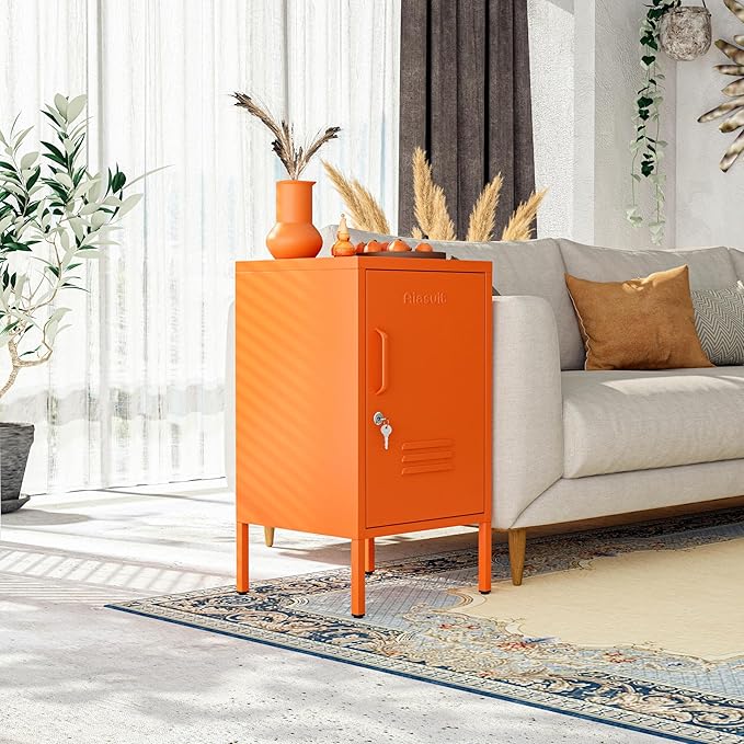 Single Door Lockable Metal End Table, 2-Tier Storage Cabinet with Adjustable Shelf, Easy Assembly Side Table for Living Room Bedroom Home Office, Orange 28" H x 13.8" W x 15" D