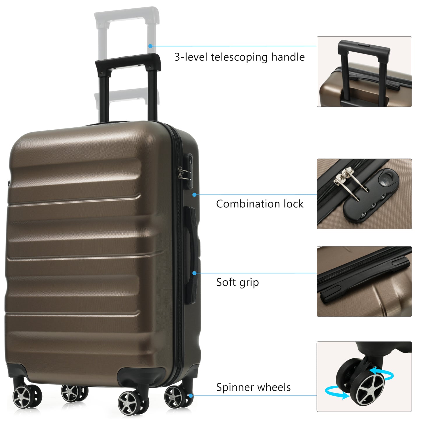 Hardshell ABS Luggage Set, 24-Inch Checked Suitcase With Spinner Wheels, Lightweight Travel Luggage With 2 Packing Cubes For Men Women
