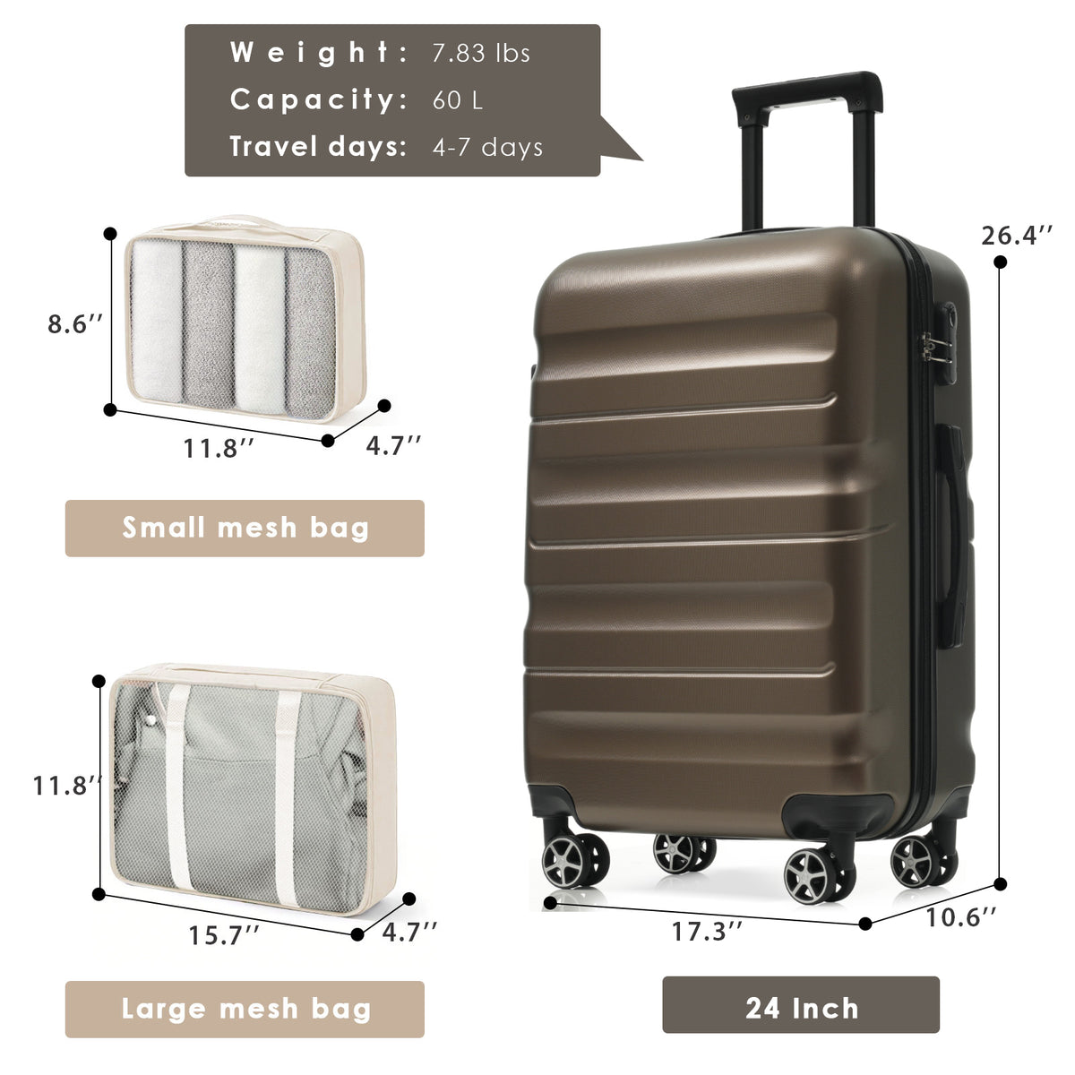 Hardshell ABS Luggage Set, 24-Inch Checked Suitcase With Spinner Wheels, Lightweight Travel Luggage With 2 Packing Cubes For Men Women - Image 4