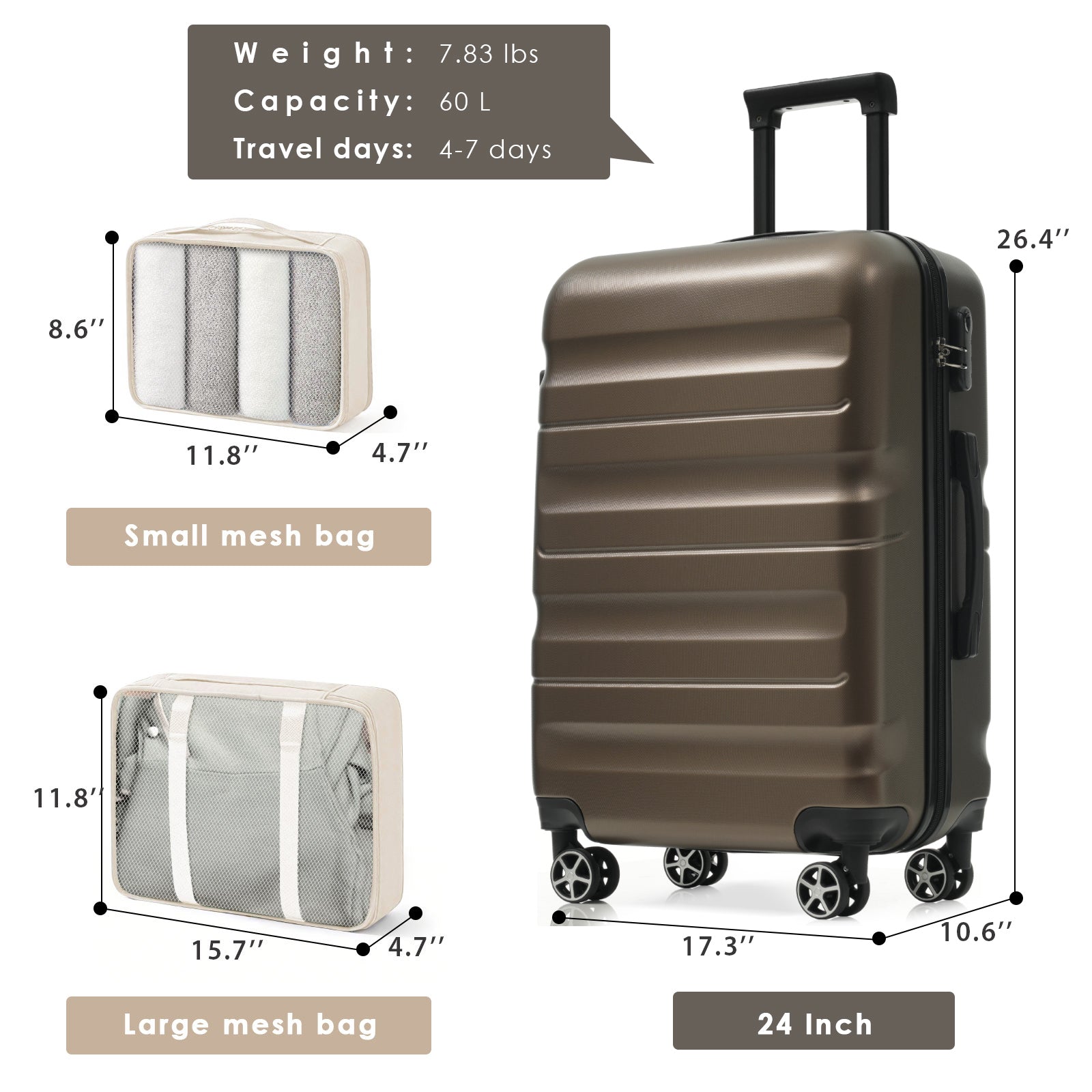 Hardshell ABS Luggage Set, 24-Inch Checked Suitcase With Spinner Wheels, Lightweight Travel Luggage With 2 Packing Cubes For Men Women - Image 4