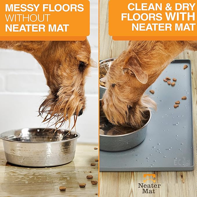 Neater Pet Brands Neater Mat Cat & Dog Food Mat, Waterproof & BPA-Free Silicone Placemat with Raised Edge for Under Food and Water Bowls, 19" x 12", Gunmetal Grey