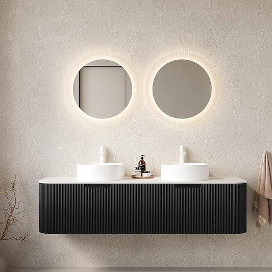 KEIKI 60" Bathroom Vanity with Sink, Wall-Mounted Floating Bathroom Vanity with Curved Edge Striped Front, 2 Drawers & 2 Round Ceramic Basins, Pre-Assembled Storage Cabinet, Black
