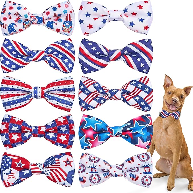 PET SHOW 10 Pack 4th of July Dog Bow Ties Sliding Collar Attachments Puppies Cats Patriotic Bowties for Medium Large Dogs US Flag Bowknots Pet Grooming Accessories for Independence Day