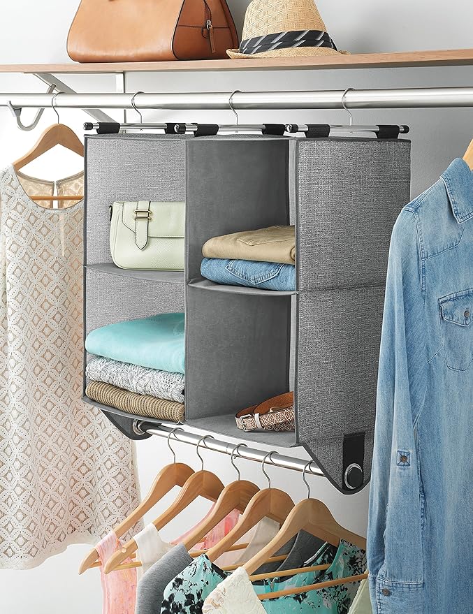 Whitmor 4 Section Fabric Closet Organizer Shelving with Built In Chrome Garment Rod