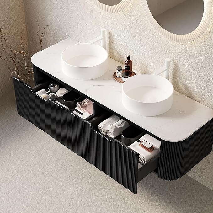 KEIKI 60" Bathroom Vanity with Sink, Wall-Mounted Floating Bathroom Vanity with Curved Edge Striped Front, 2 Drawers & 2 Round Ceramic Basins, Pre-Assembled Storage Cabinet, Black