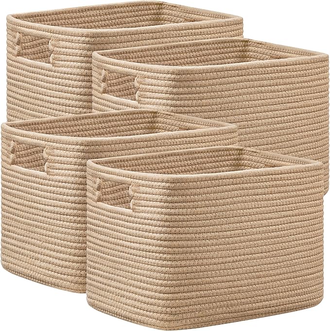 UBBCARE 4 Pack Storage Baskets for Organizing, Shelf Baskets with Handles, Woven Storage Baskets for Bookcase/Cube Shelf/Closet, 14.5"L x 9.8"W x 9"H, Brown