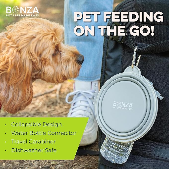 Bonza Collapsible Dog Bowls - Large 33 oz, Dog Travel Accessories, Silicone Portable Dogs Bowl & Water Dish with Reinforced Rim & Carabiner for Hiking, Camping, and Car Trips, Black
