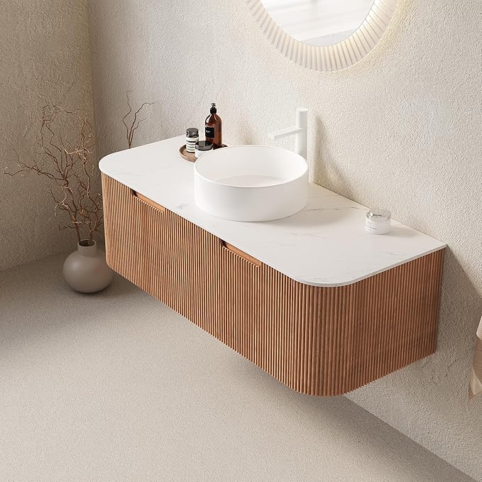 KEIKI 48" Bathroom Vanity with Sink, Wall-Mounted Floating Vanity with Curved Edges & 3D Striped Drawer Fronts, White Round Ceramic Basin, Pre-Assembled Storage Cabinet, Natural Wood